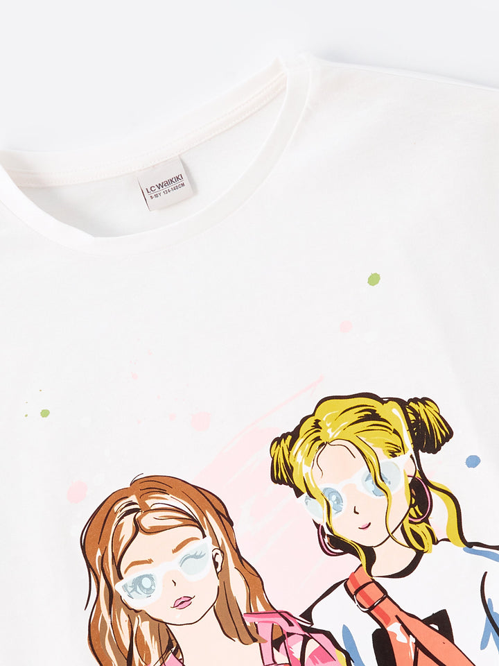 Crew Neck Printed Short Sleeve Girls T-Shirt and Shorts Skirt