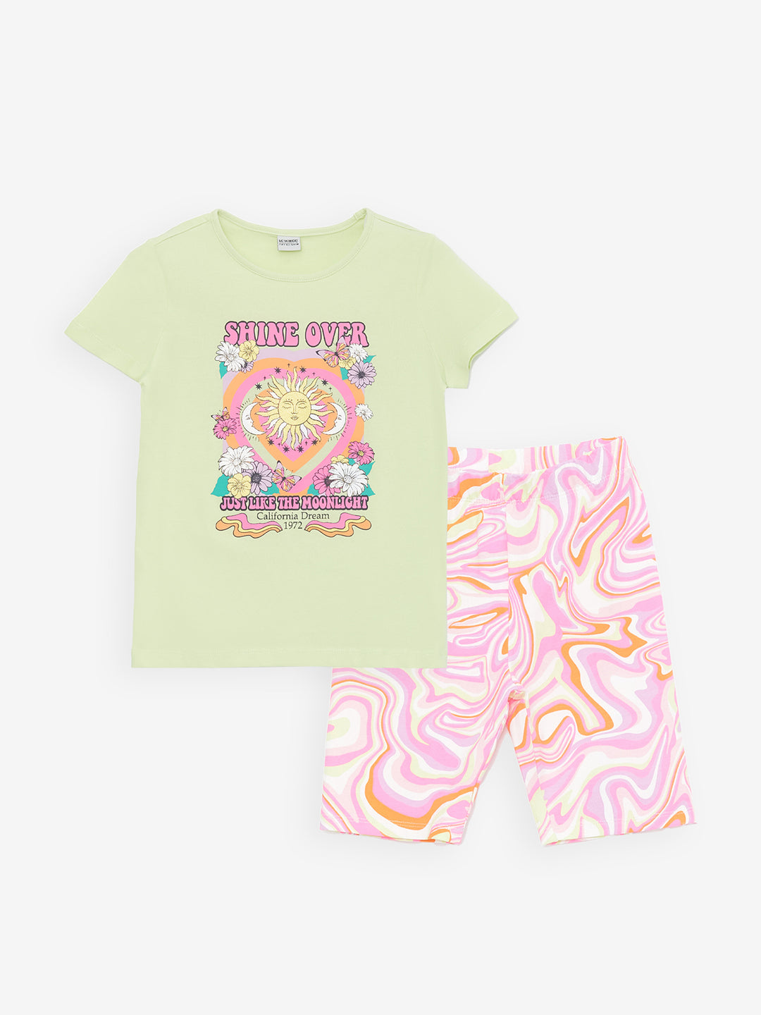 Crew Neck Printed Short Sleeve Girls T-Shirt and Tights