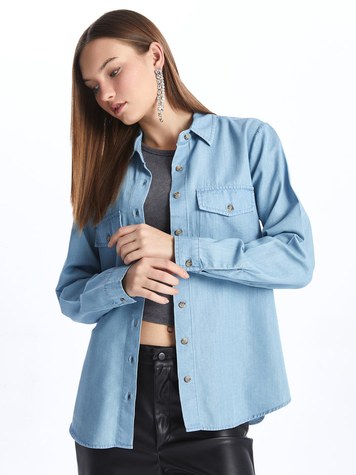 Plain Long Sleeve Women Jean Shirt