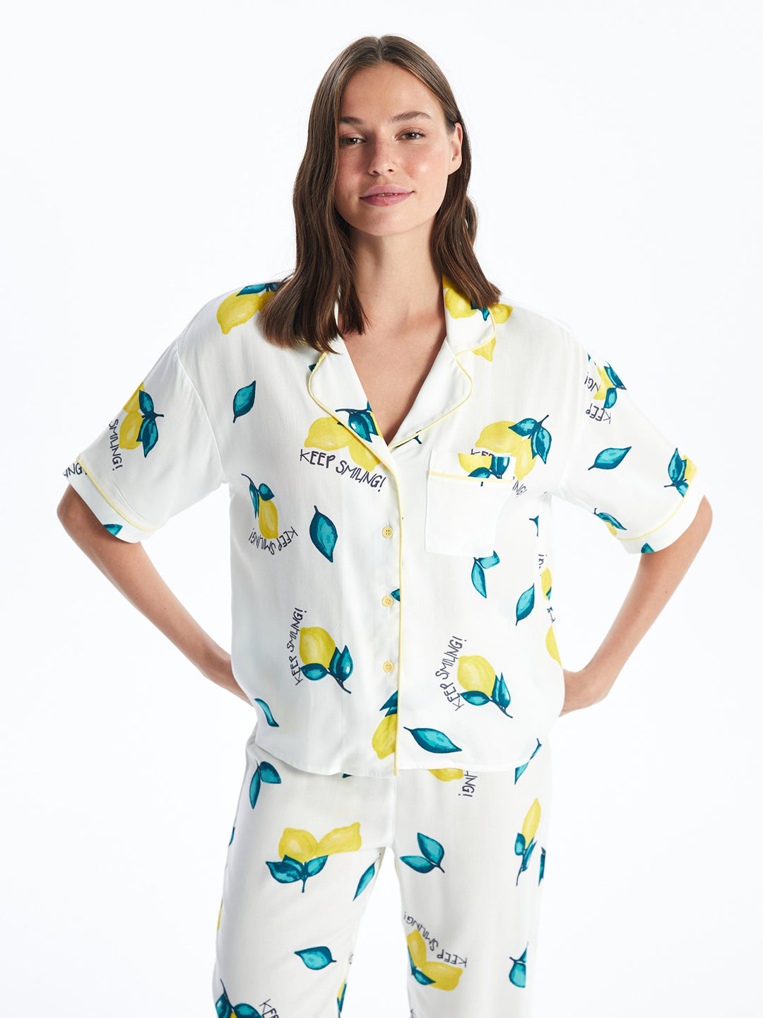 Shirt Collar Patterned Short Sleeve Women Pajama Set