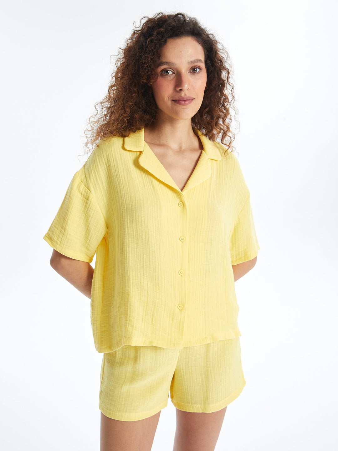 Shirt Collar Plain Short Sleeve Women Pajama Set with Shorts