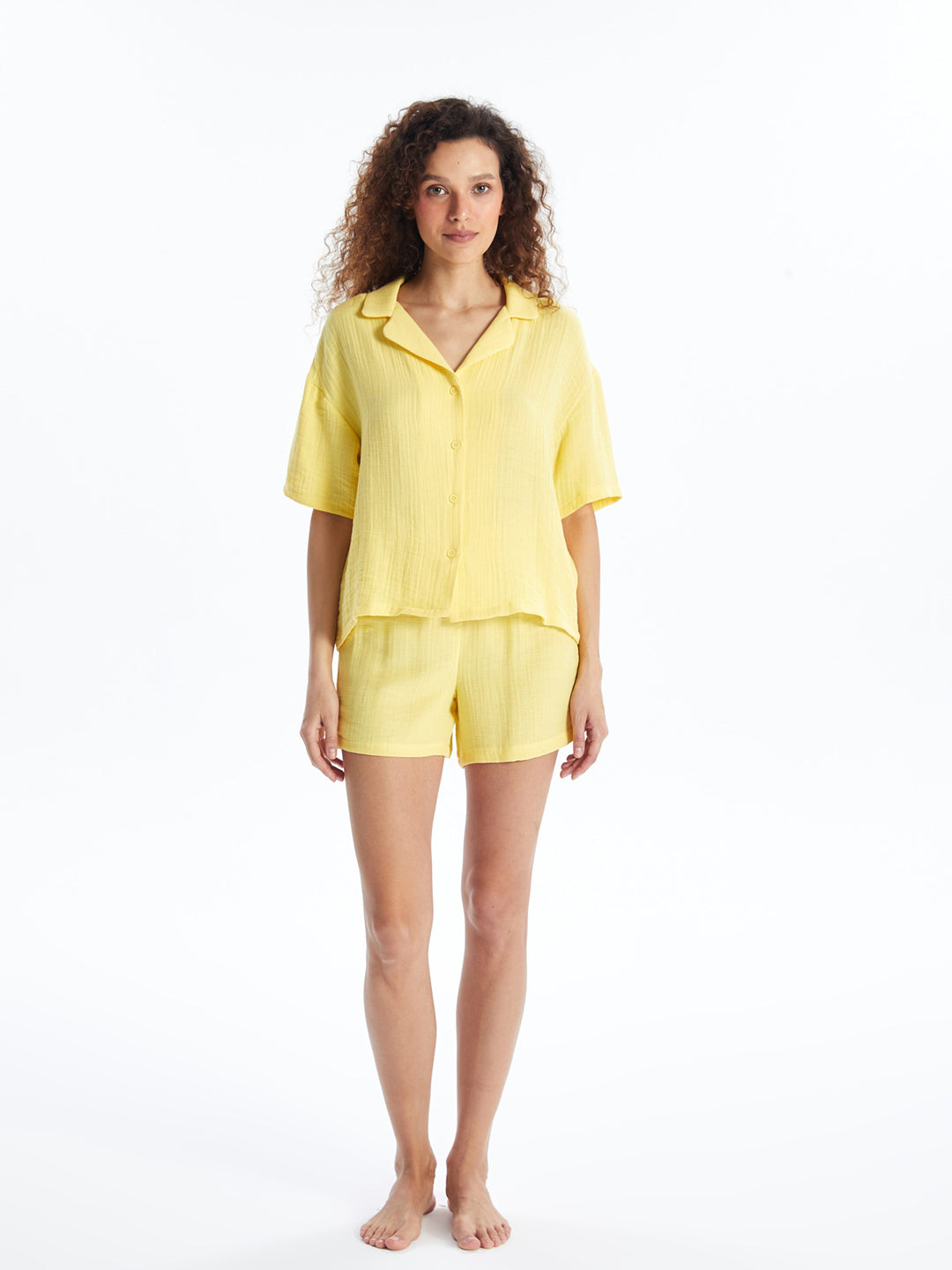 Shirt Collar Plain Short Sleeve Women Pajama Set with Shorts