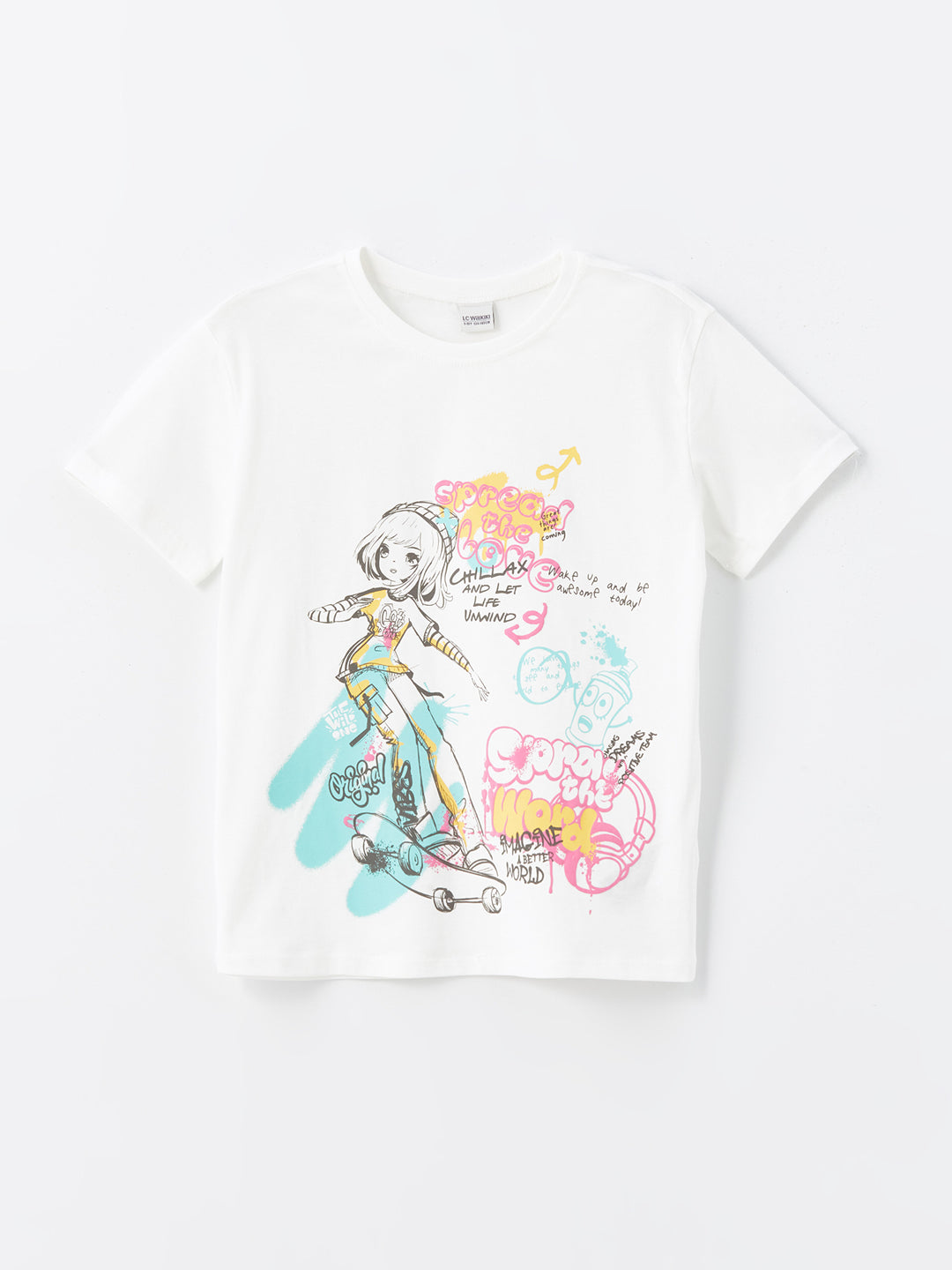 Crew Neck Anime Printed Short Sleeve Girls T-Shirt