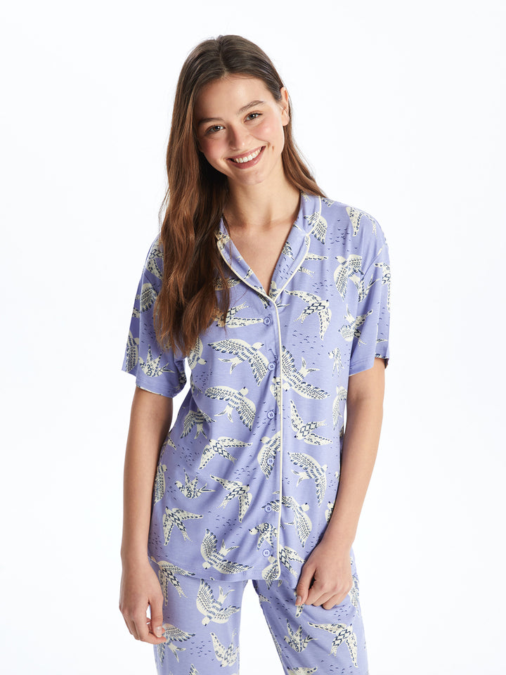 Shirt Collar Patterned Short Sleeve Women Pajama Set