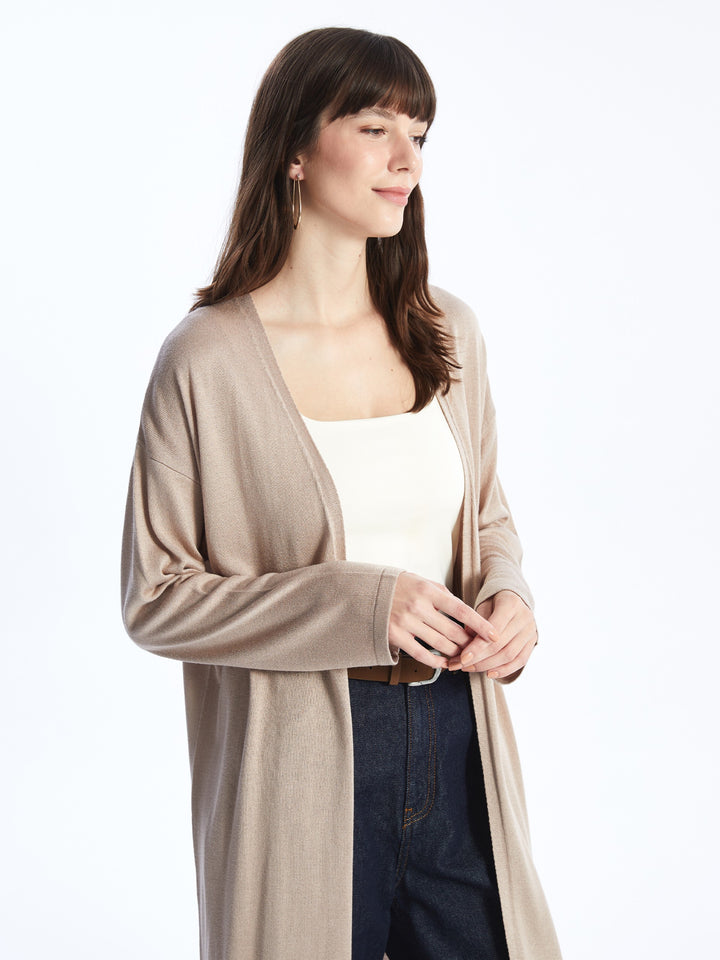 Lcwaikiki Basic Beige Shawl Collar Plain Long Sleeve Women'S Knitwear Cardigan