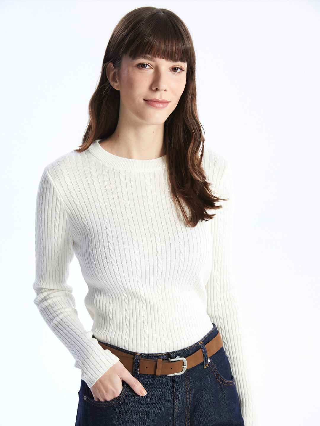 Lcwaikiki Basic Ecru Crew Neck Self-Patterned Long Sleeve Women'S Knitwear Sweater