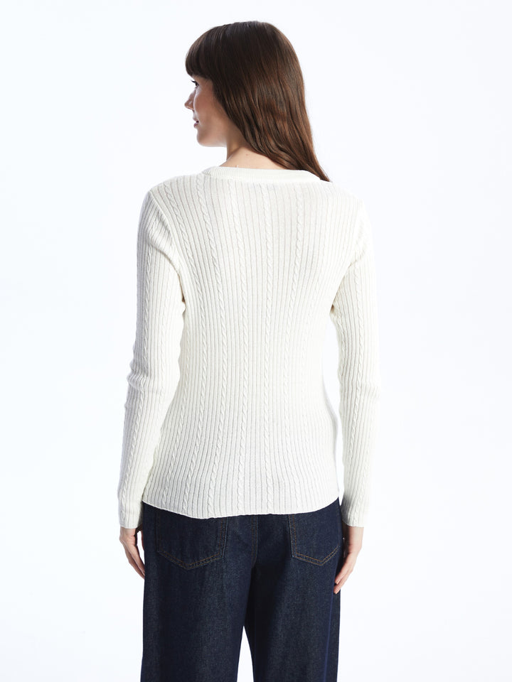 Lcwaikiki Basic Ecru Crew Neck Self-Patterned Long Sleeve Women'S Knitwear Sweater