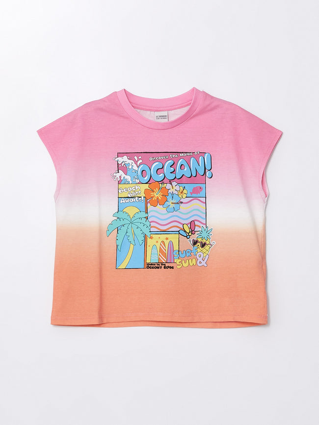 Crew Neck Printed Short Sleeve Girls Crop T-Shirt Hover Image