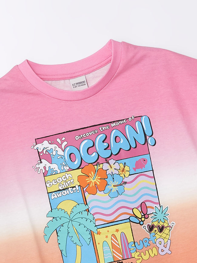 Crew Neck Printed Short Sleeve Girls Crop T-Shirt Main Image