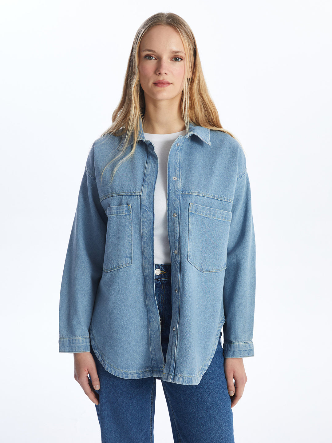 Plain Long Sleeve Women Jean Shirt Jacket