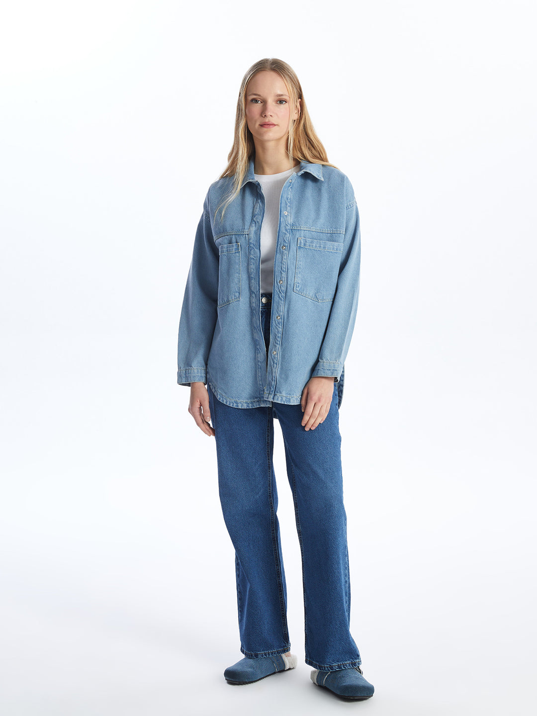 Plain Long Sleeve Women Jean Shirt Jacket