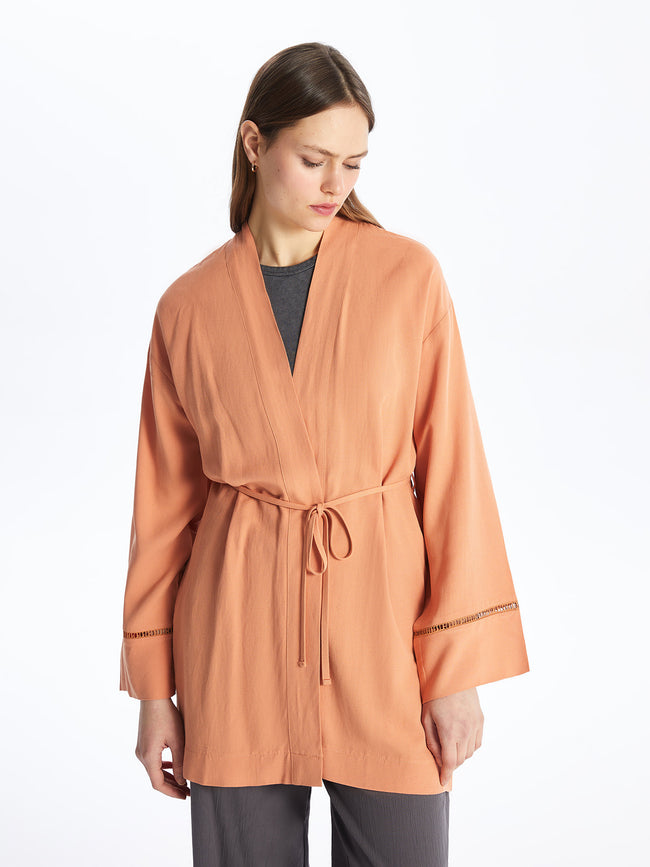 Shawl Collar Plain Long Sleeve Linen Blend Oversize Women Kimono Main Image