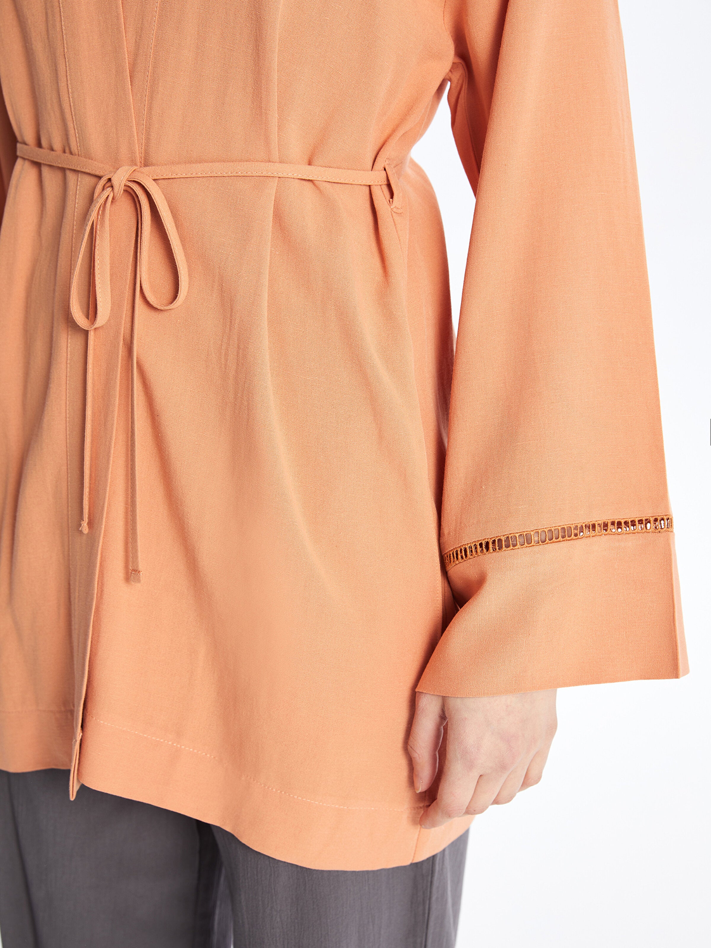 Shawl Collar Plain Long Sleeve Linen Blend Oversize Women Kimono