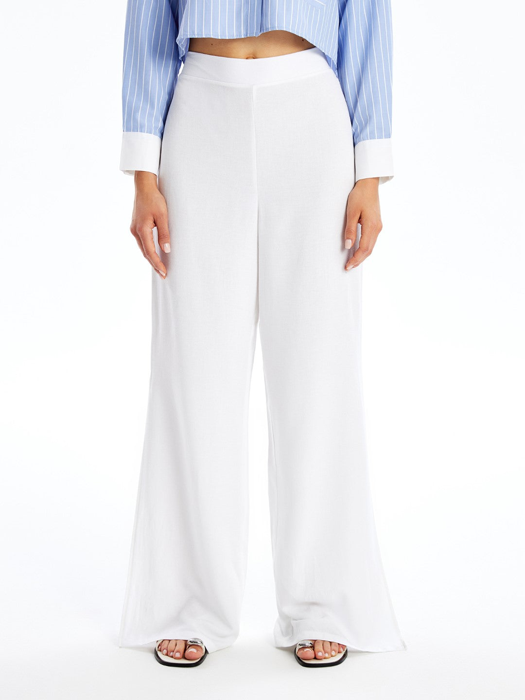 Elastic Waist Plain Linen Blend Women's Trousers