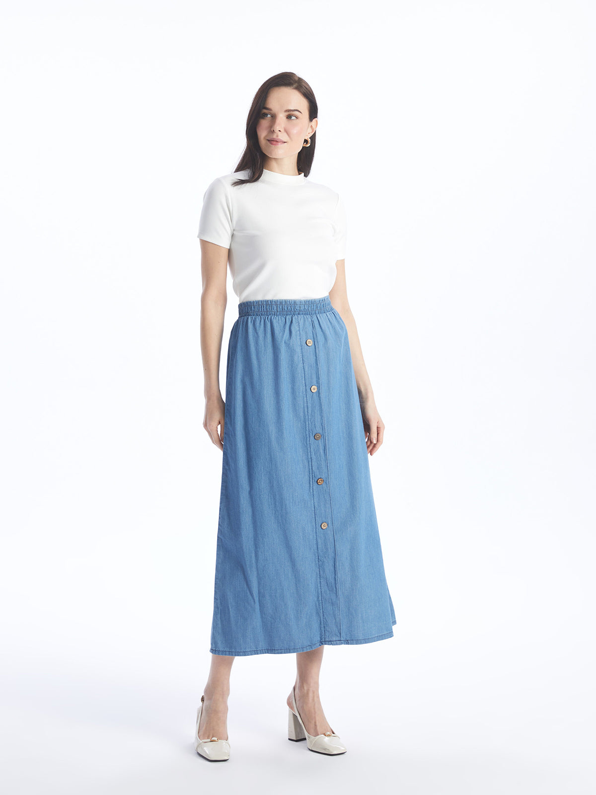 Women Elastic Waist Straight Jean Skirt