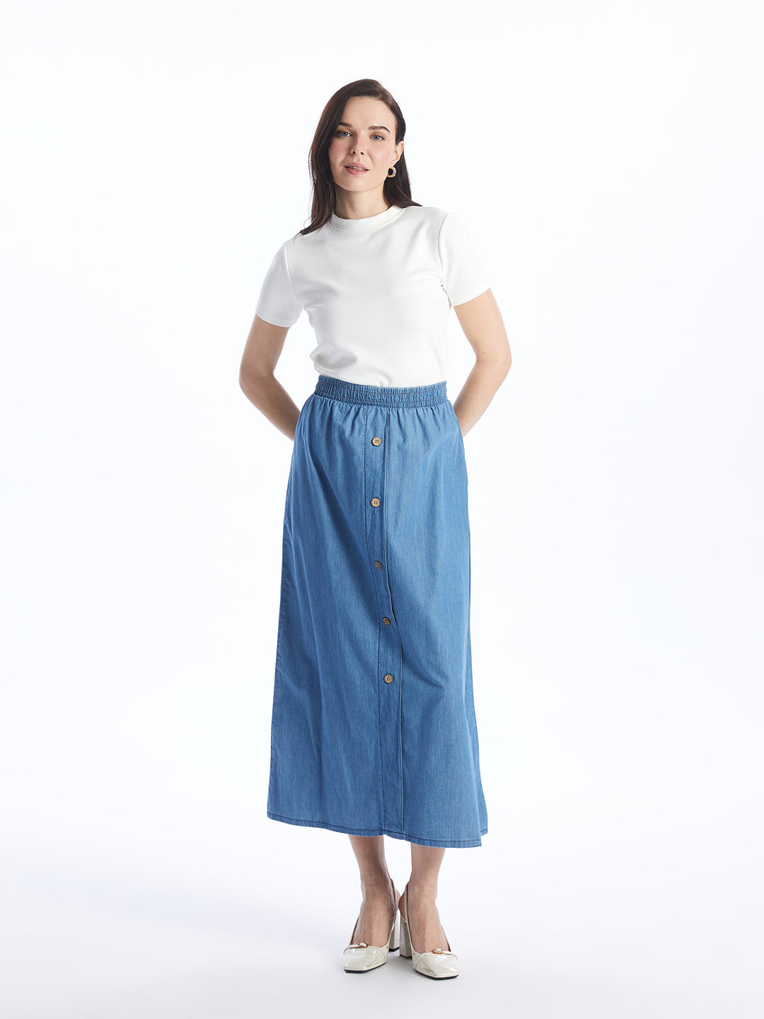 Women Elastic Waist Straight Jean Skirt