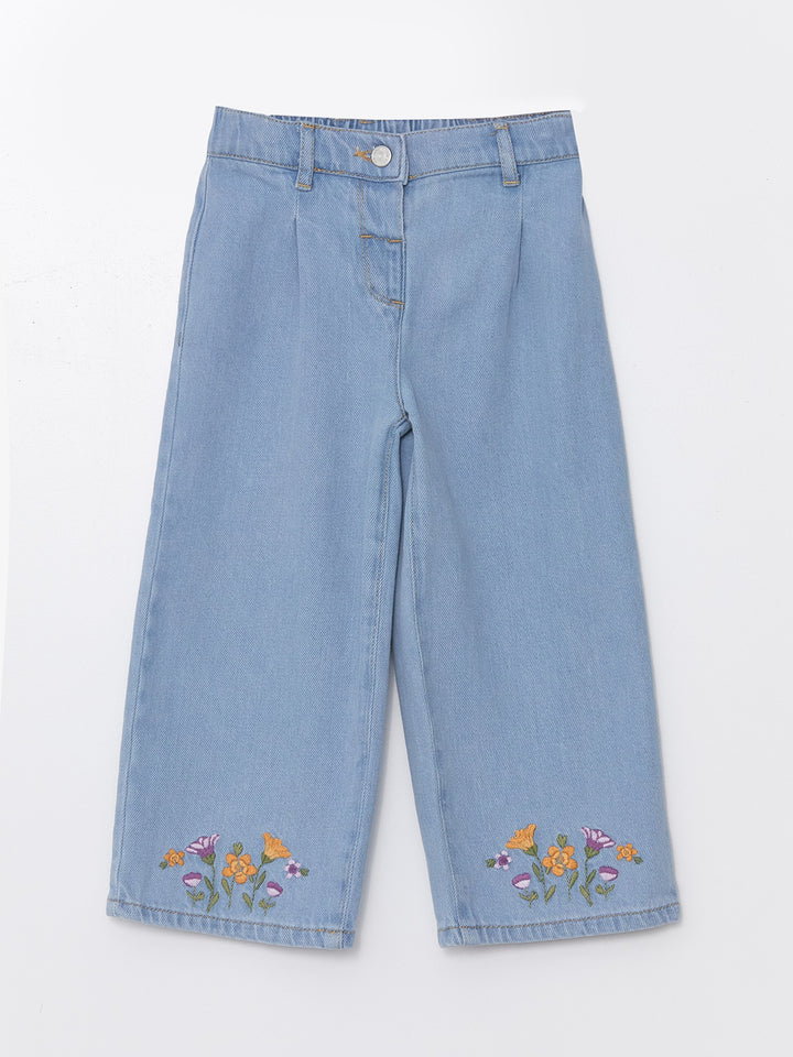 Elastic Waist Embroidered Baby Girl Jean Trousers
