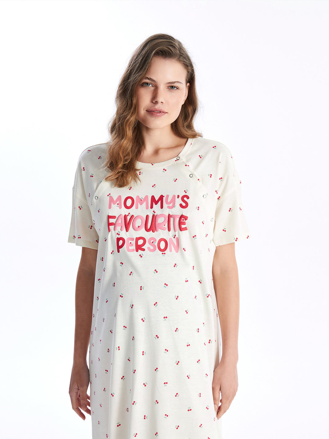 Crew Neck Patterned Short Sleeve Maternity Nightgown