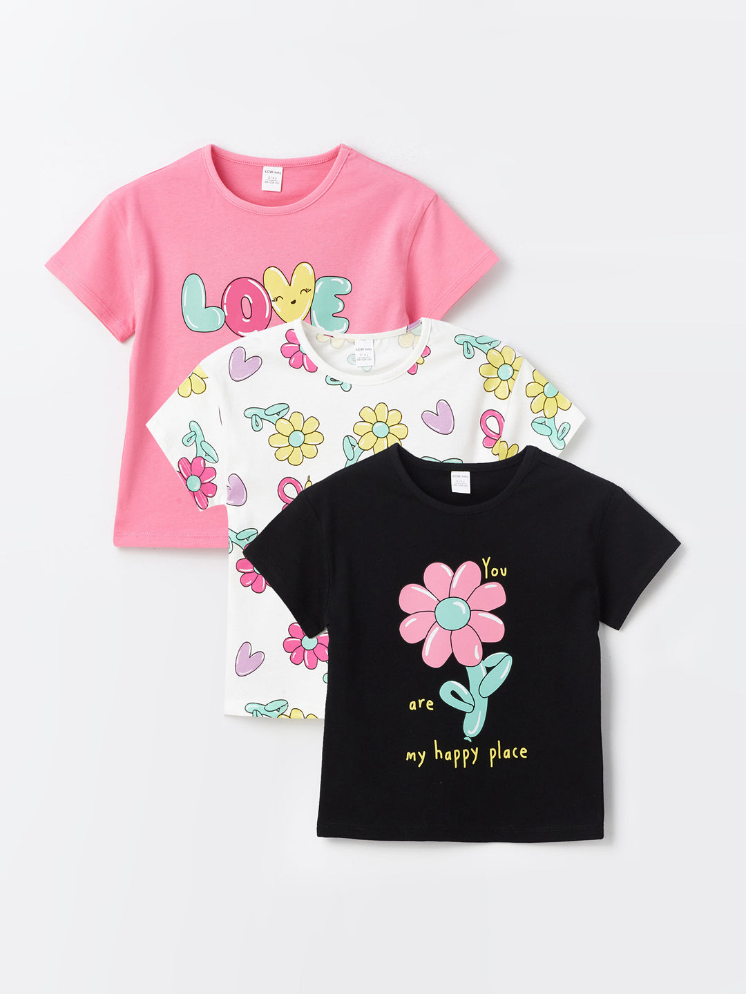 Crew Neck Printed Baby Girls T-Shirt, Pack Of 3