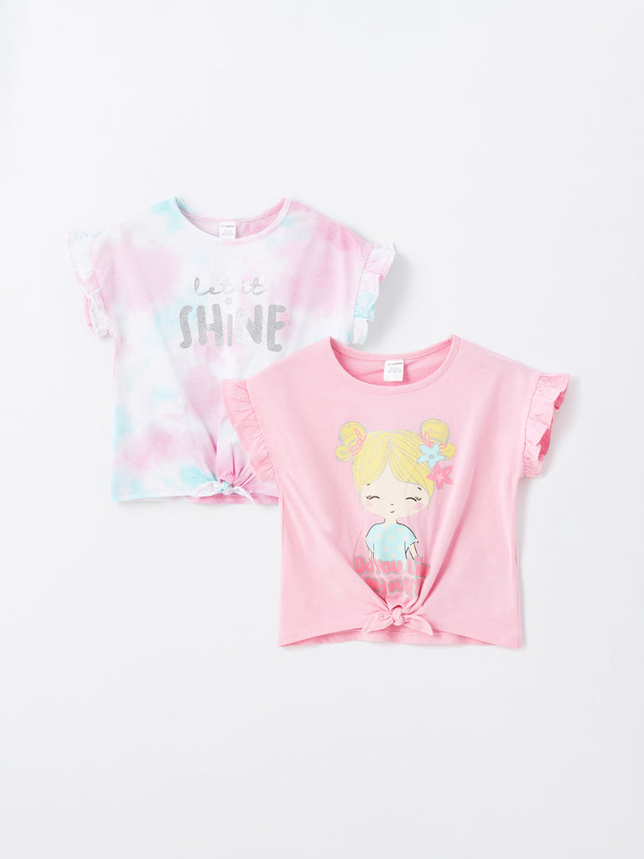 LCW baby Crew Neck Printed Short Sleeve Baby Girl T-Shirt, Pack of 2