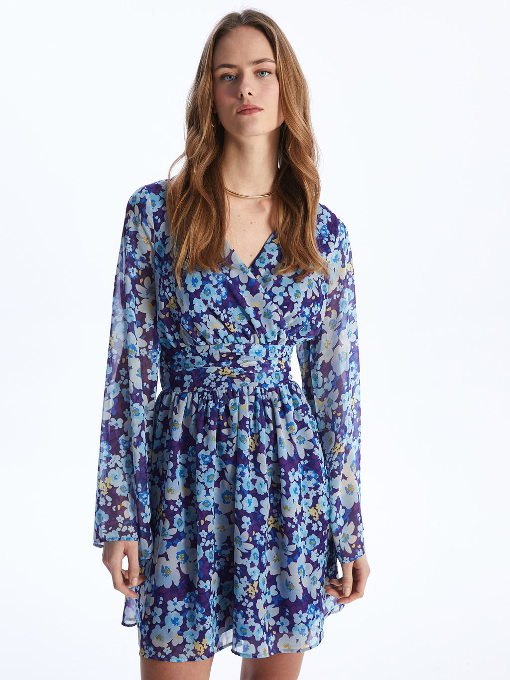 Double Breasted Collar Patterned Long Sleeve Women Dress