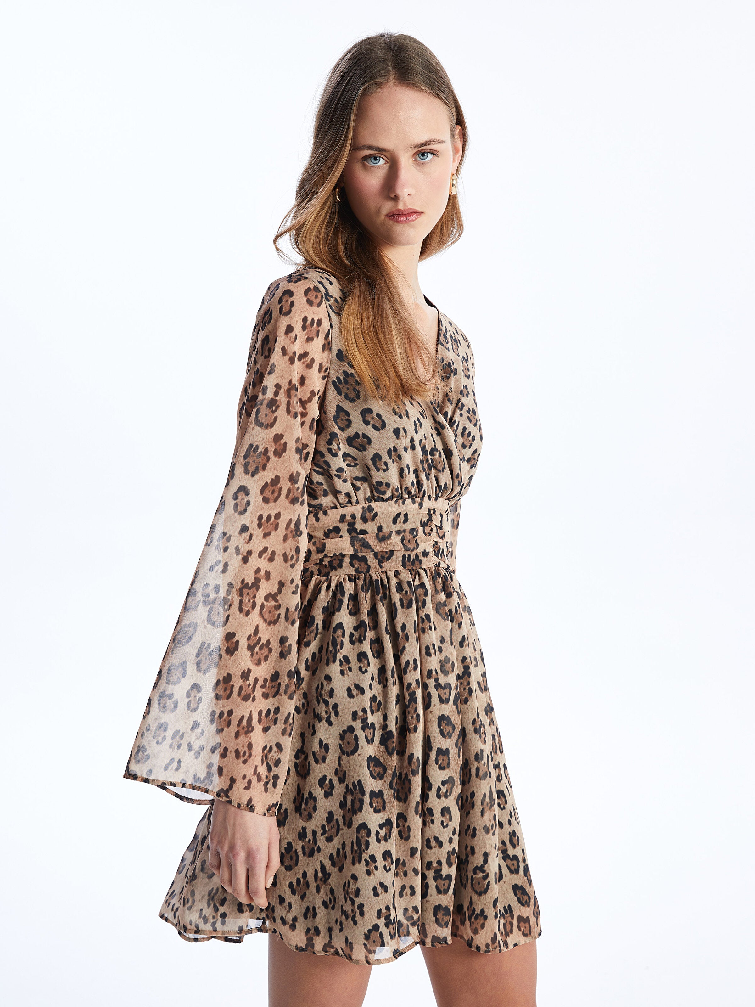 Double Breasted Collar Patterned Long Sleeve Women Dress