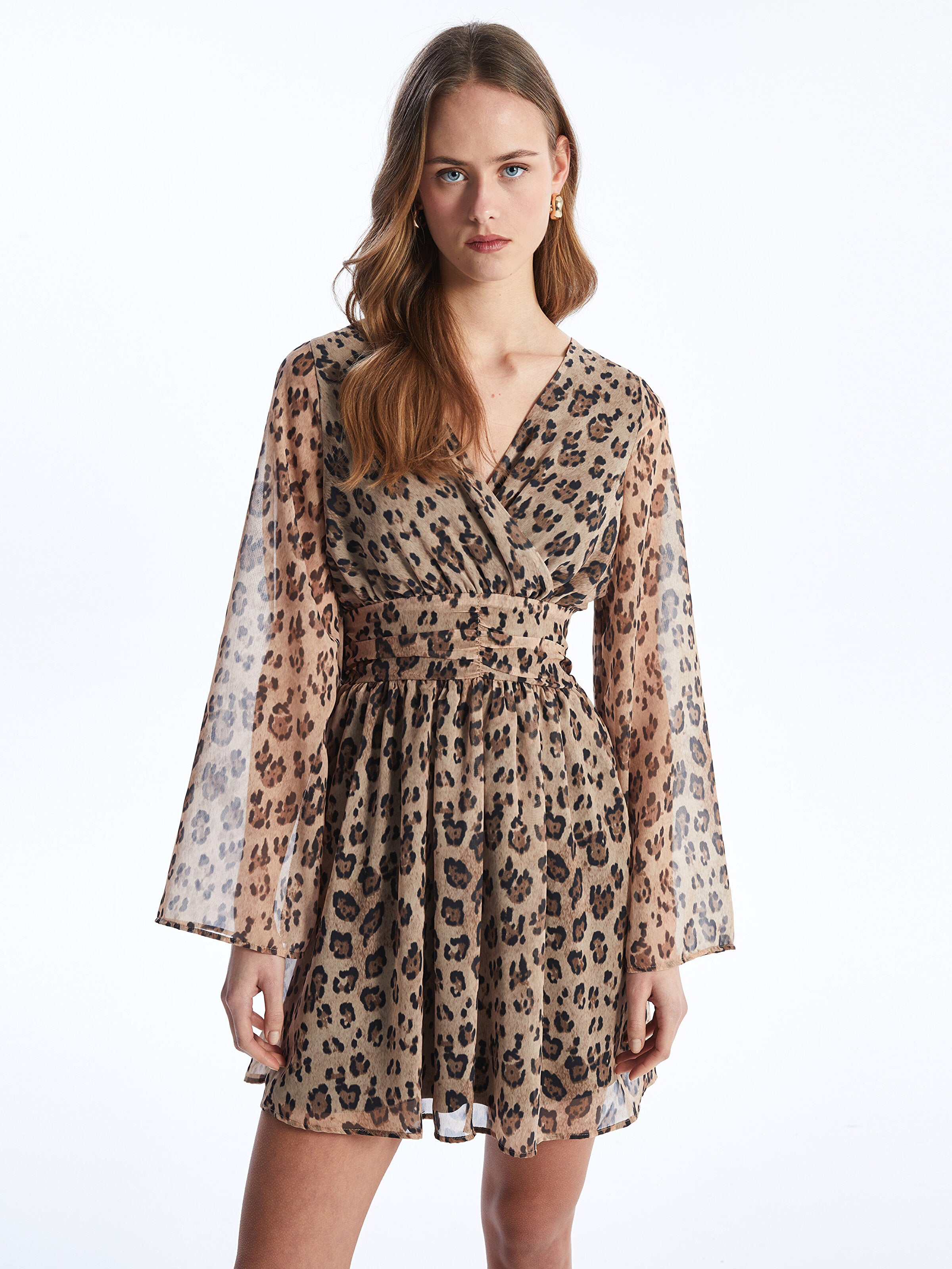 Double Breasted Collar Patterned Long Sleeve Women Dress