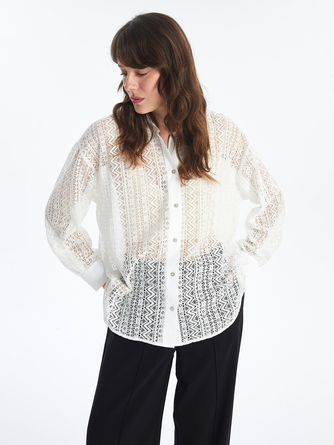 Self-Patterned Long Sleeve Oversize Women's Shirt