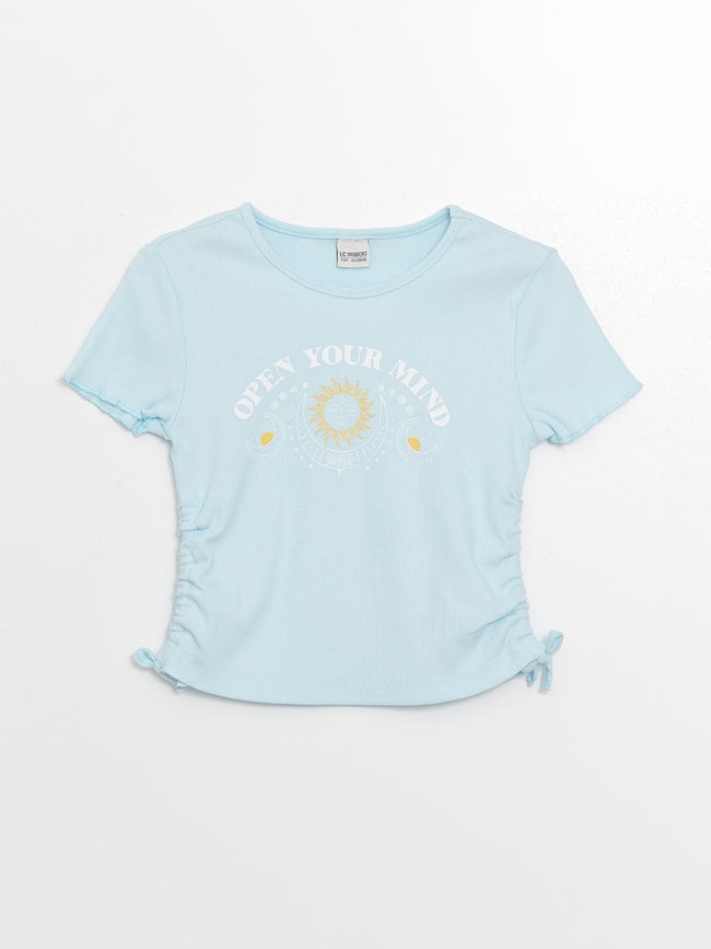 Crew Neck Printed Short Sleeve Girls Crop T-Shirt Hover Image