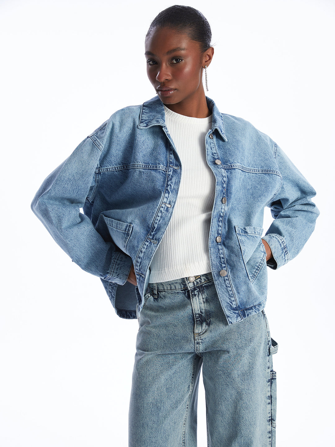 Shirt Collar Plain Long Sleeve Oversize Women Jean Jacket