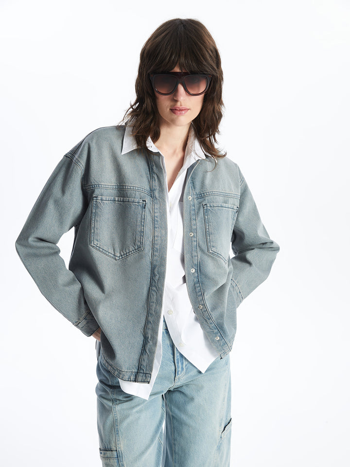Plain Long Sleeve Oversize Women Jean Shirt Jacket