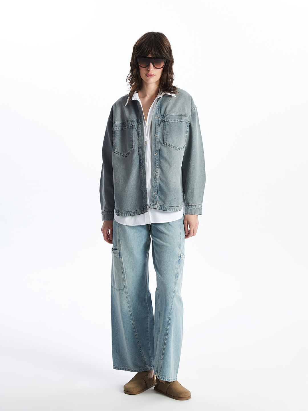 Plain Long Sleeve Oversize Women Jean Shirt Jacket