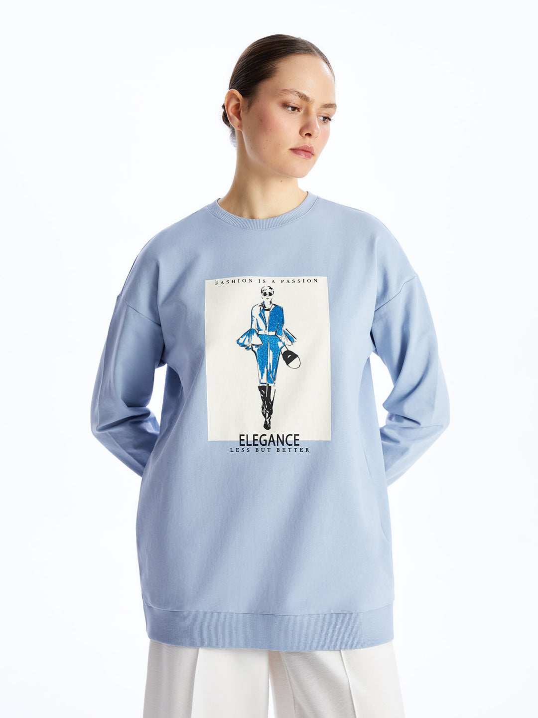 Crew Neck Printed Long Sleeve Women Sweatshirt Tunic