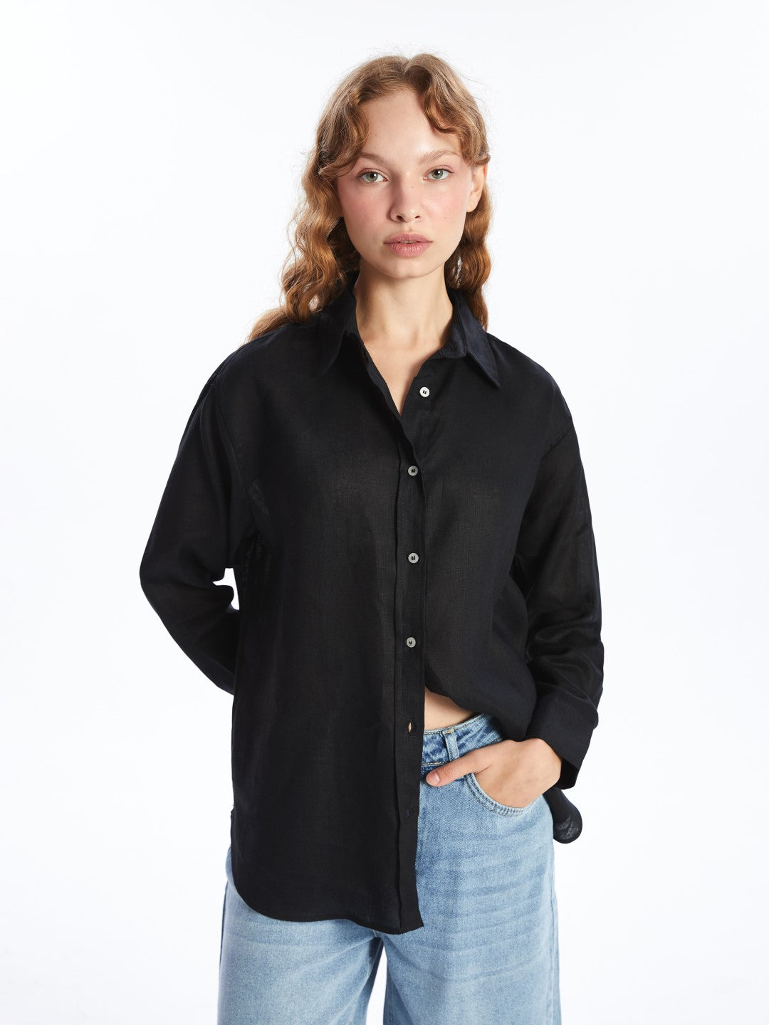 LCW Vision

New Black Plain Long Sleeve Oversize Linen Women's Shirt