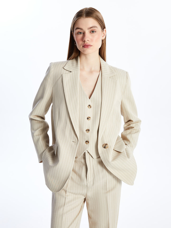 Striped Long Sleeve Linen Blend Women Blazer Jacket