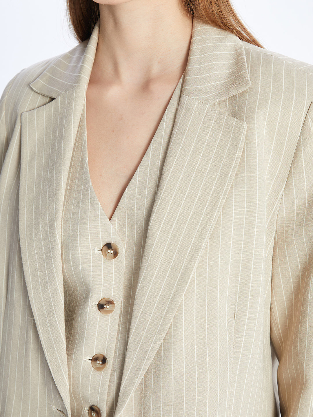 Striped Long Sleeve Linen Blend Women Blazer Jacket