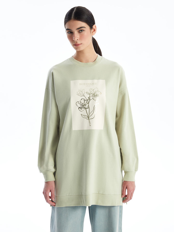 Crew Neck Printed Women Sweatshirt Tunic