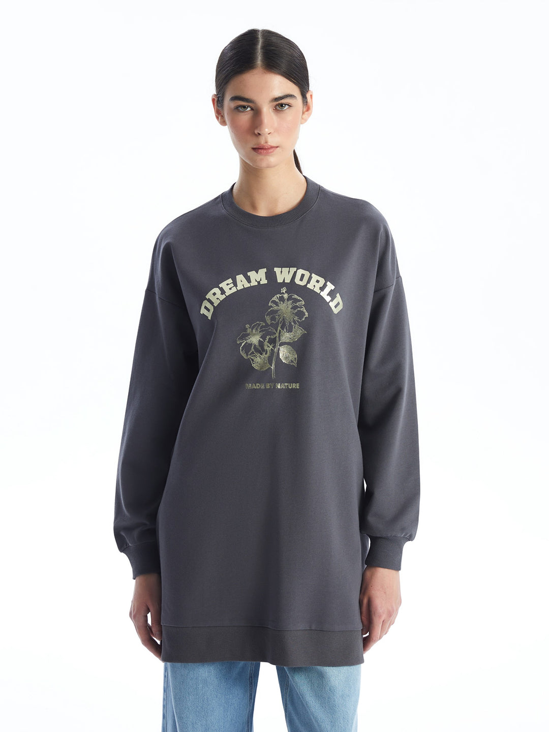 Crew Neck Printed Women Sweatshirt Tunic