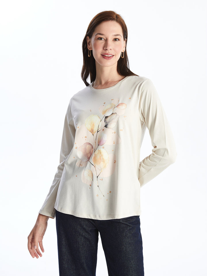 Crew Neck Patterned Long Sleeve Women T-Shirt