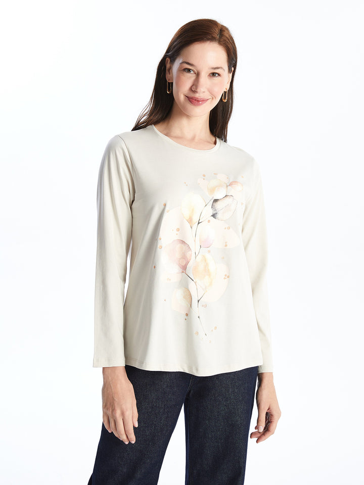 Crew Neck Patterned Long Sleeve Women T-Shirt