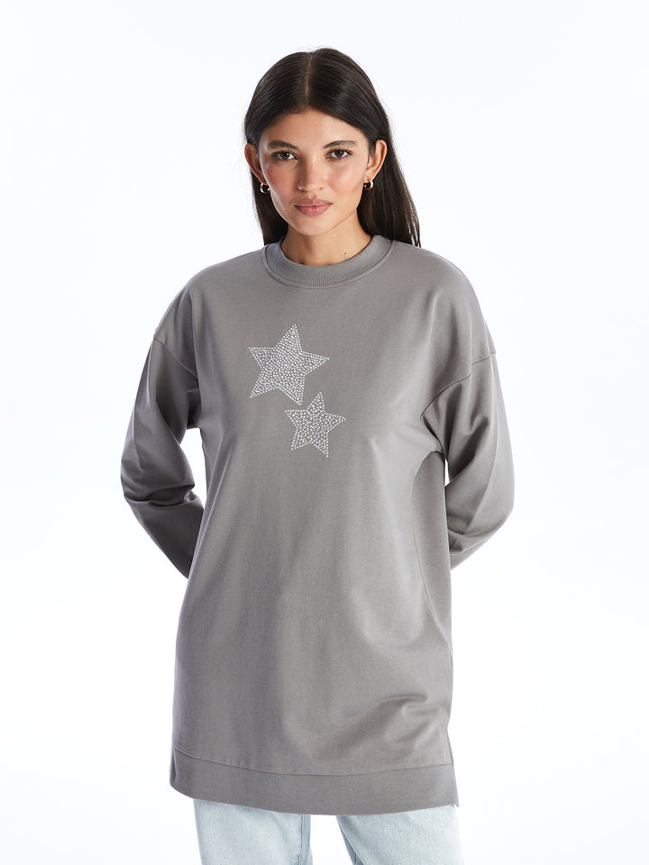 Crew Neck Stone Printed Women Sweatshirt Tunic