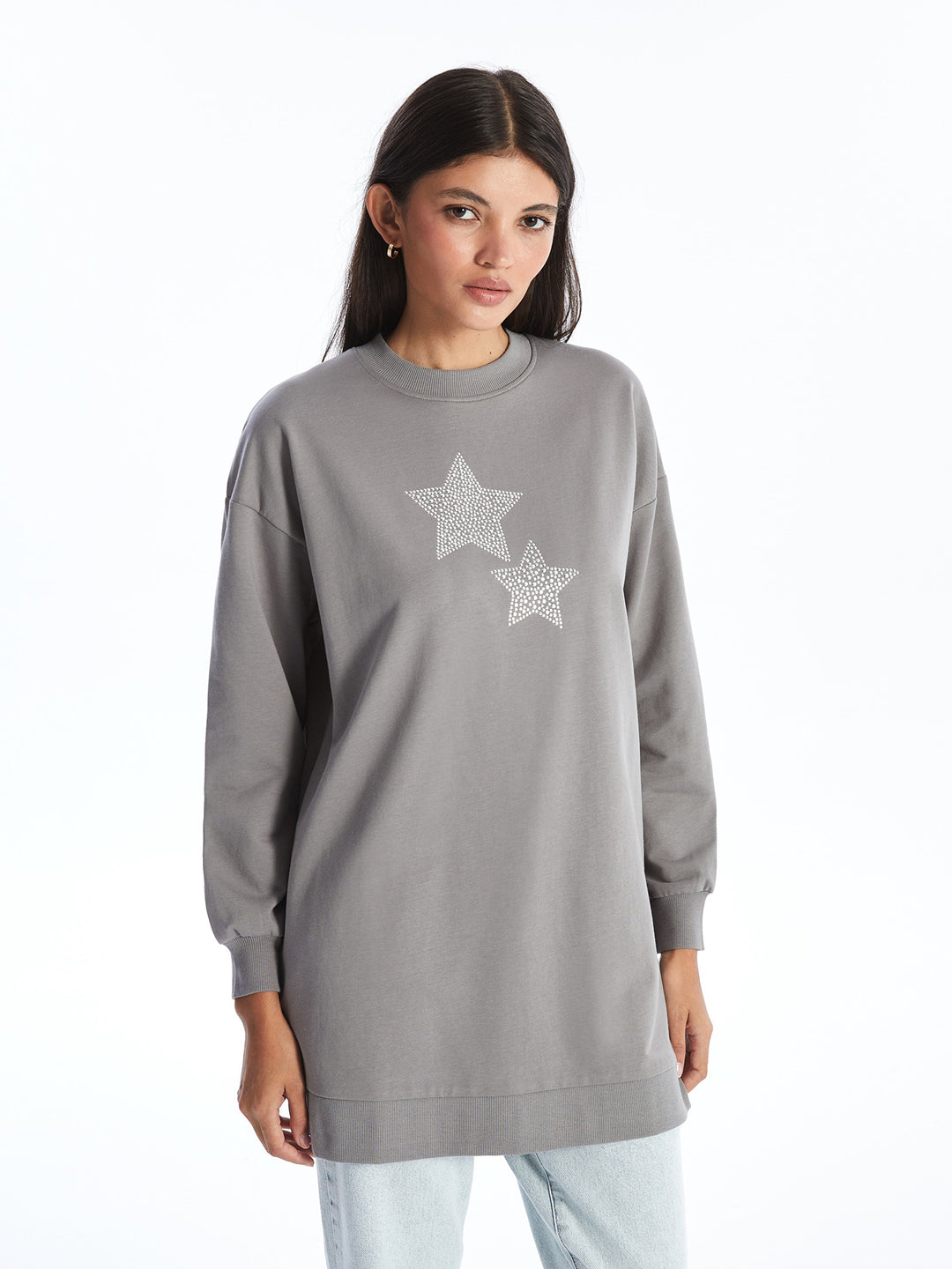 Crew Neck Stone Printed Women Sweatshirt Tunic