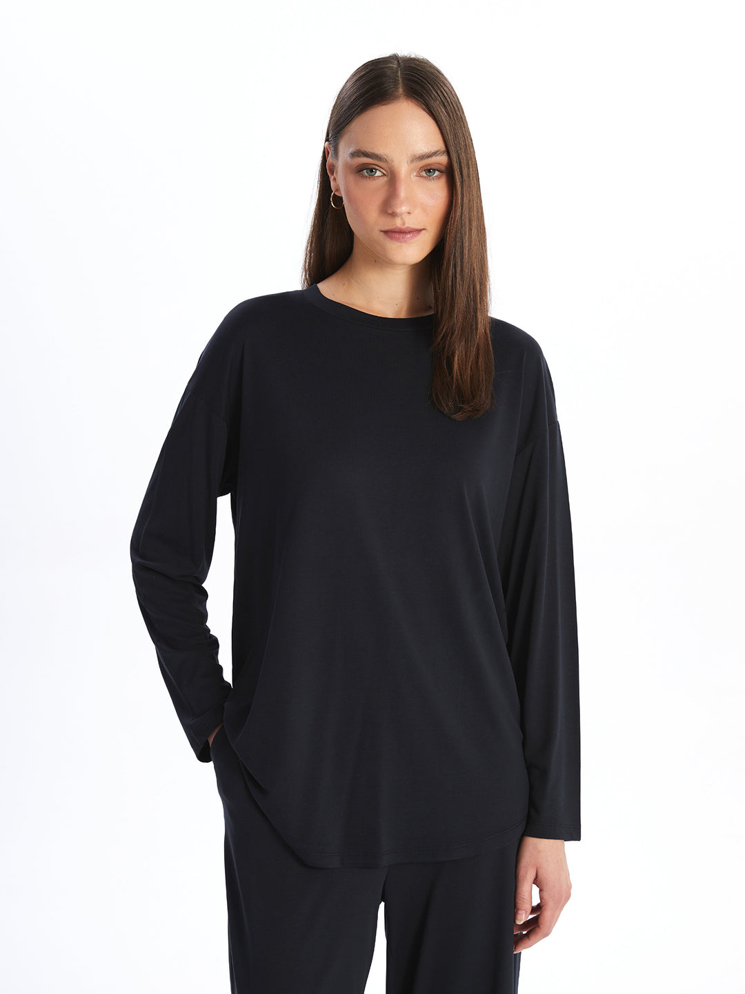 Crew Neck Plain Long Sleeve Women Tunic