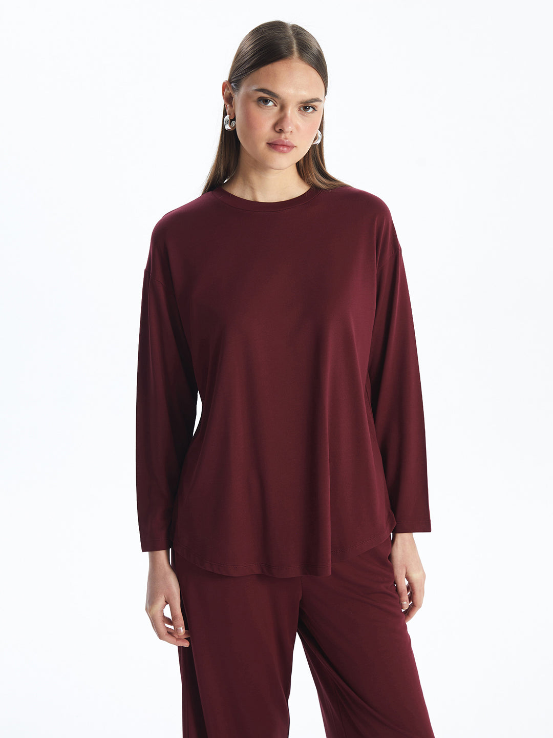 Crew Neck Plain Long Sleeve Women Tunic