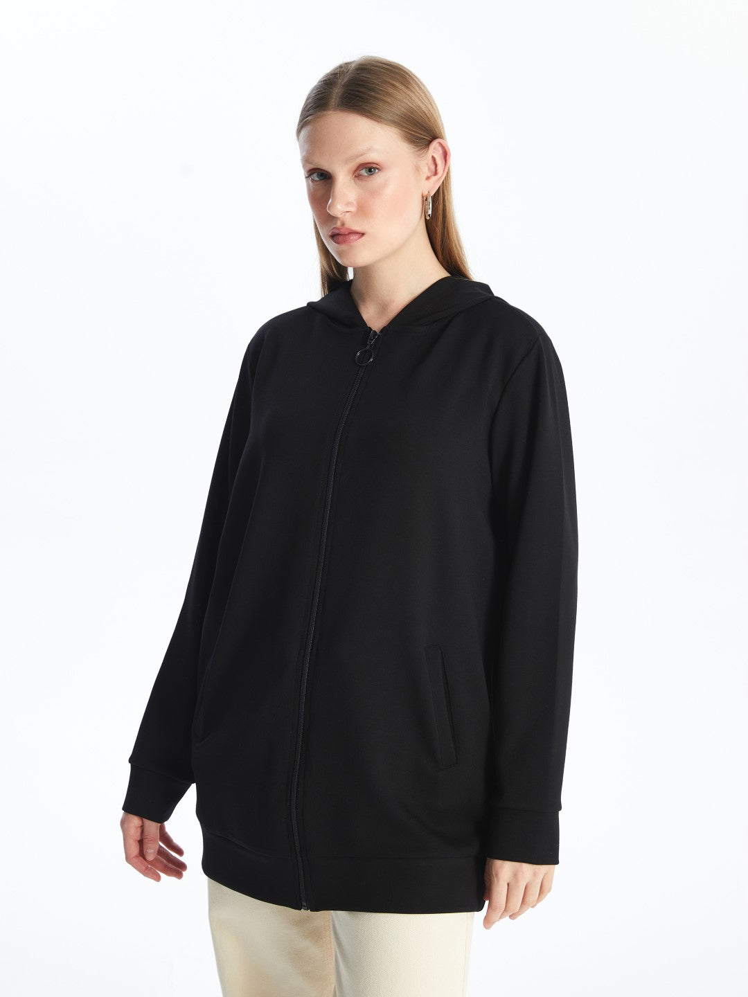 LCWAIKIKI Basic

New Black Hooded Plain Oversize Women's Zipper Sweatshirt