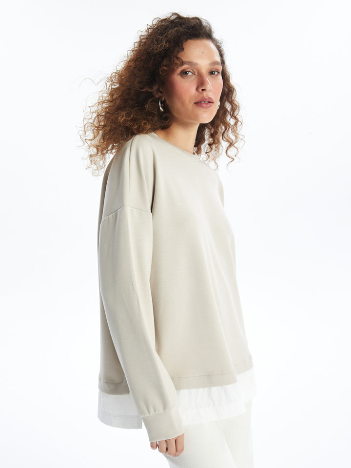 Lcwaikiki Basic Beige Crew Neck Plain Oversize Women'S Sweatshirt