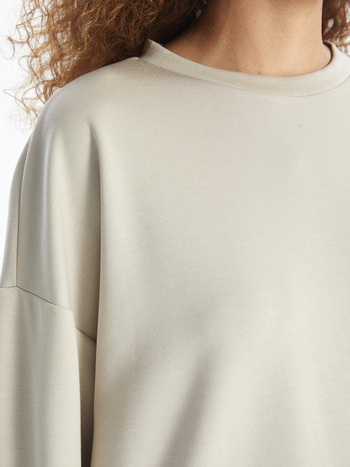 Lcwaikiki Basic Beige Crew Neck Plain Oversize Women'S Sweatshirt