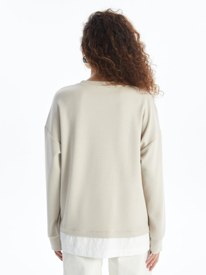 Lcwaikiki Basic Beige Crew Neck Plain Oversize Women'S Sweatshirt