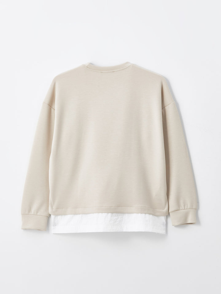 Lcwaikiki Basic Beige Crew Neck Plain Oversize Women'S Sweatshirt