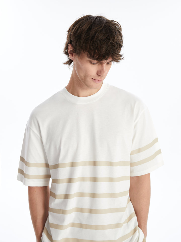 Crew Neck Short Sleeve Striped Combed Cotton Men T-Shirt